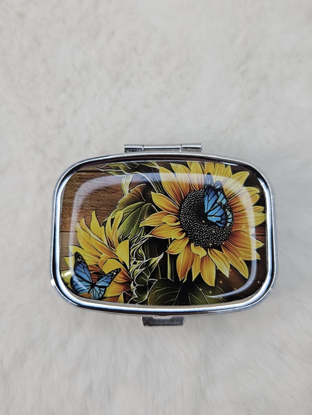Sunflower & Blue Butterfly Compact Mirror Pill Box